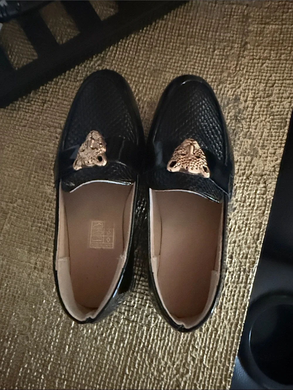 Girls Black Moccasin Loafers with Gold Cat Accent